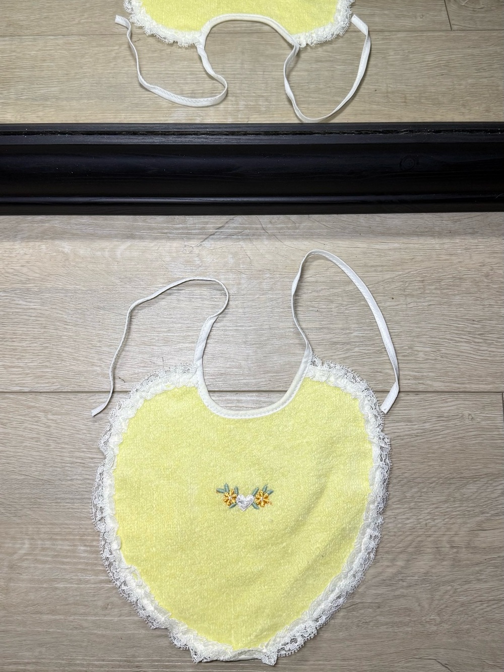 Vintage 1970s Ribbed Yellow & Embroidered Heart & Floral Baby Bib